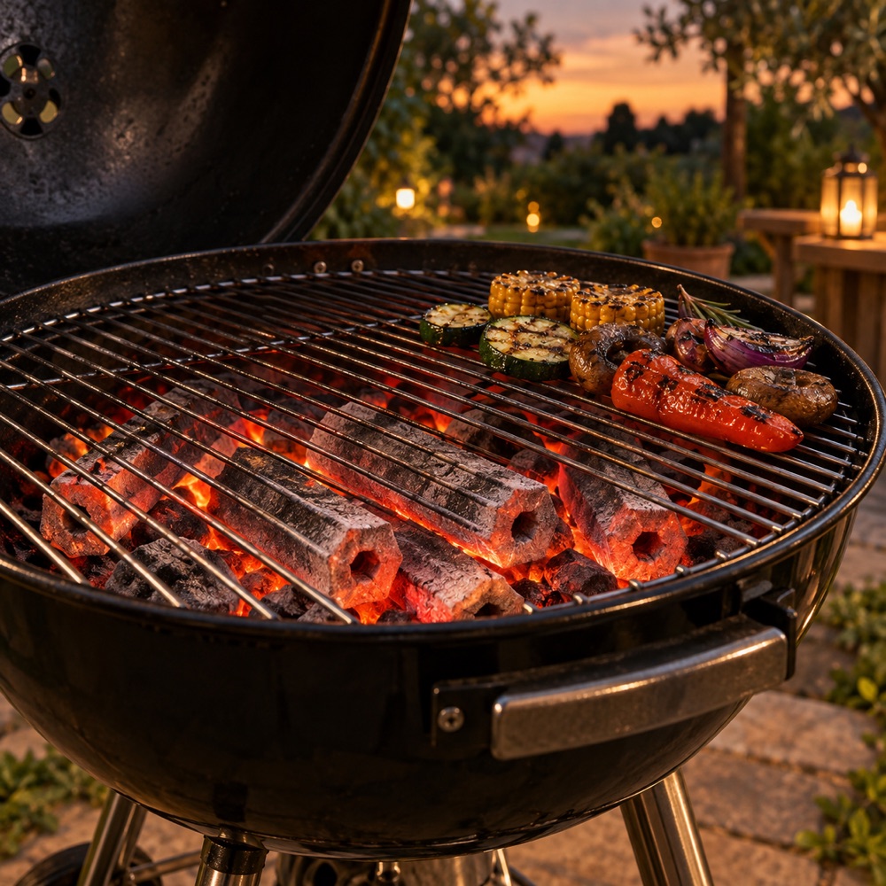 Illustration of a barbecue grill using glowing hexagonal charcoal briquettes