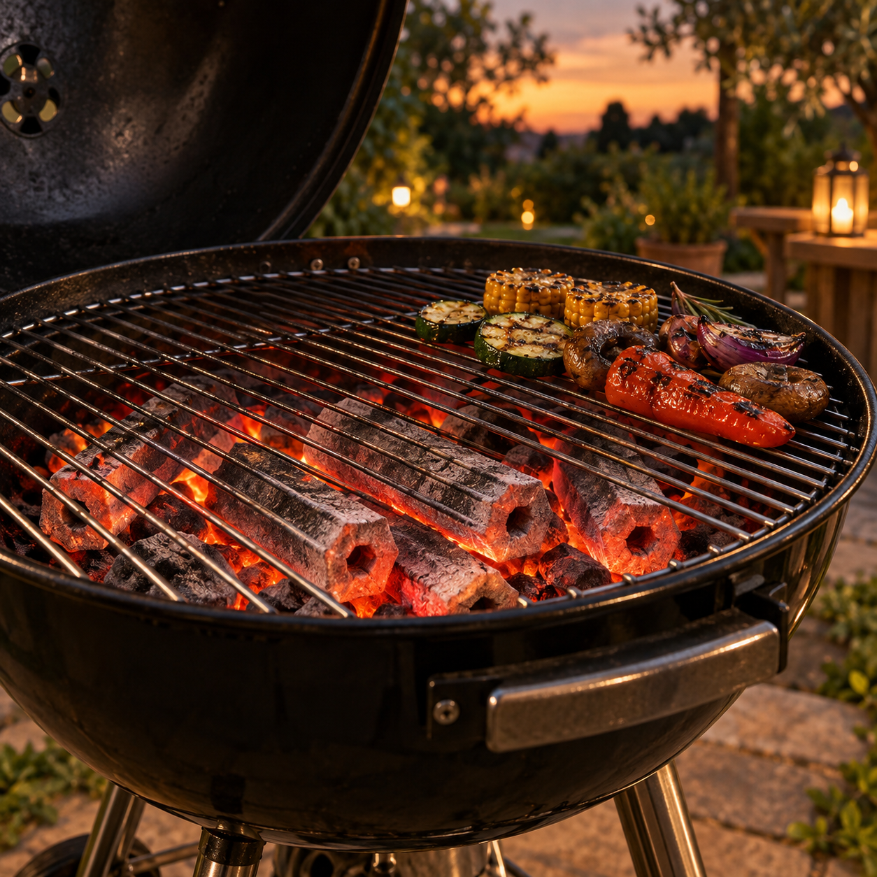 Illustration of a barbecue grill using glowing hexagonal charcoal briquettes