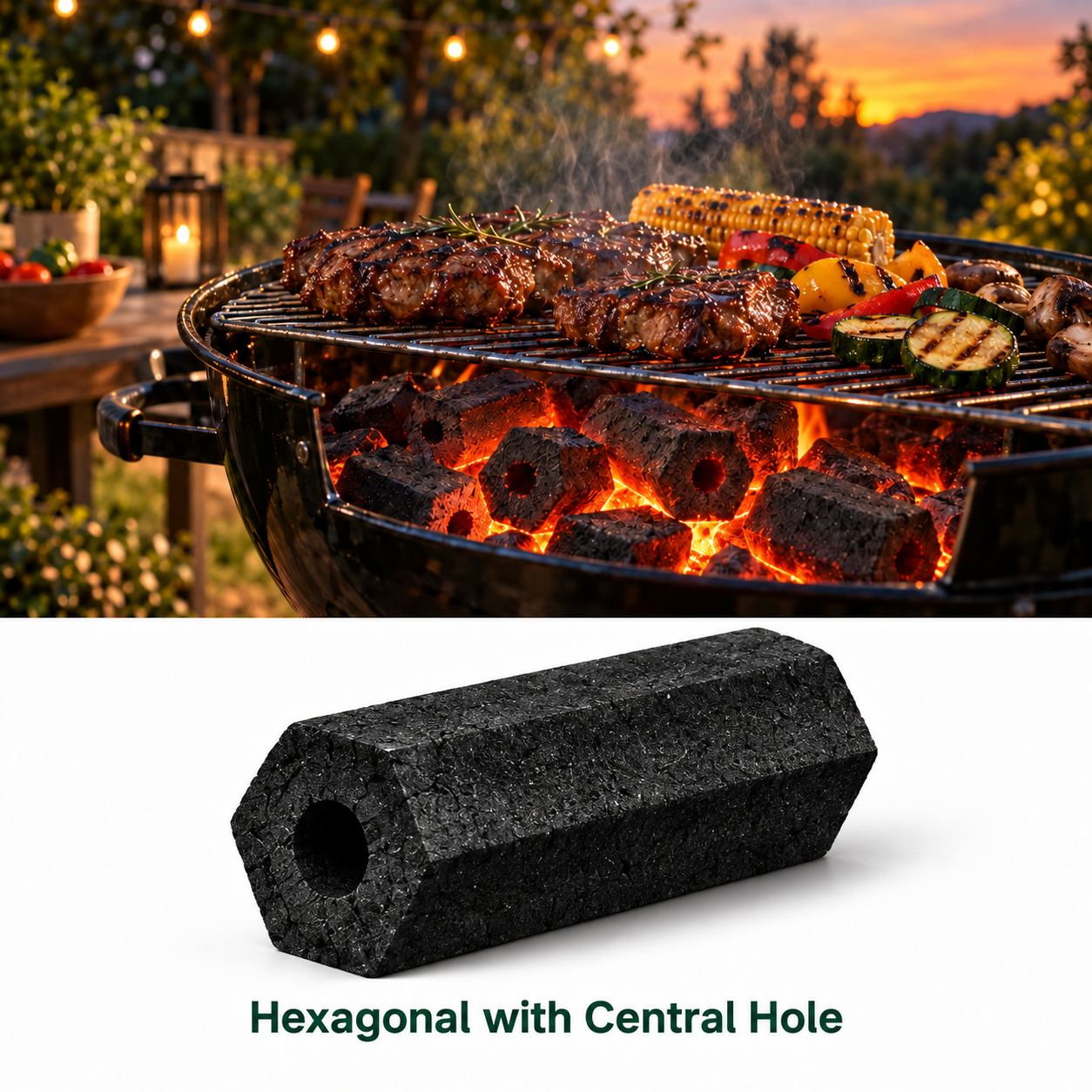 Illustration of a barbecue with glowing charcoal and a hexagonal briquette with a central hole