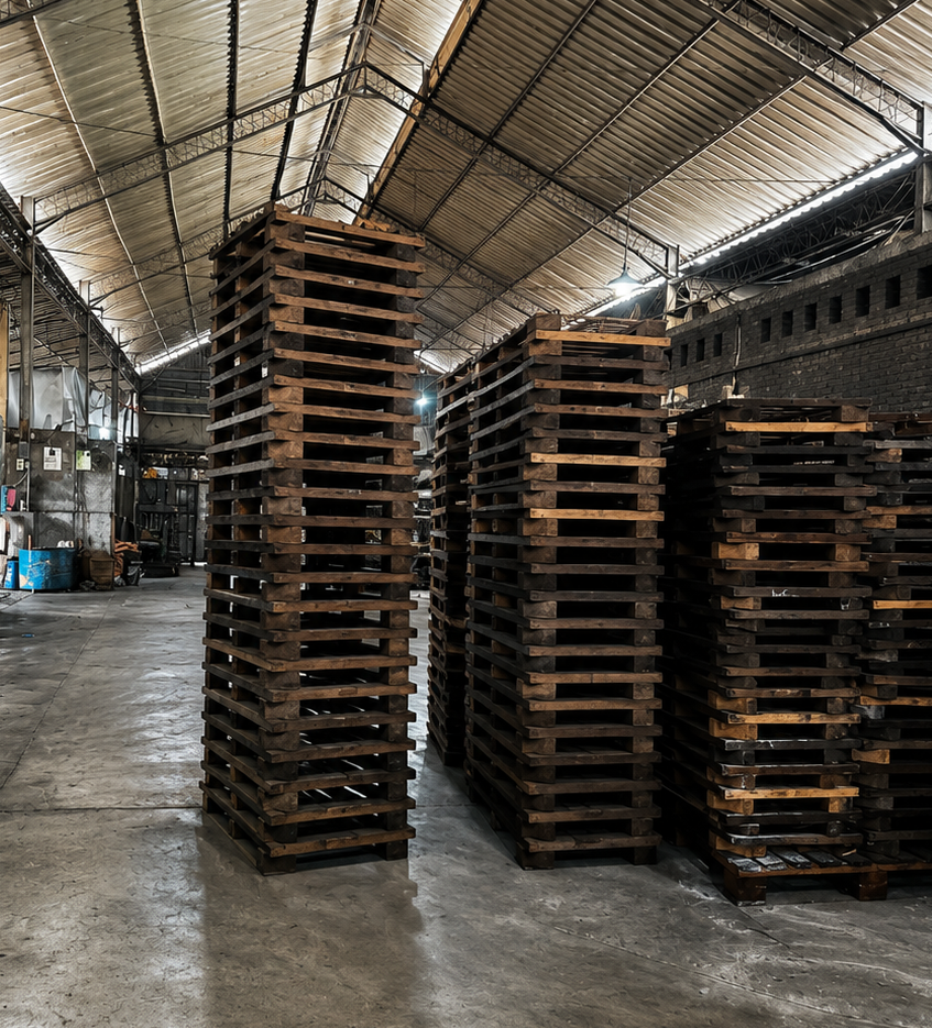 Coconut charcoal briquettes arranged on drying racks