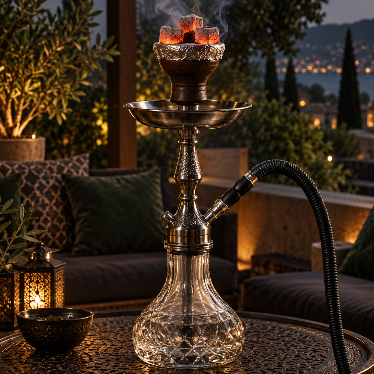 Illustration of a hookah using glowing coconut charcoal cube briquettes