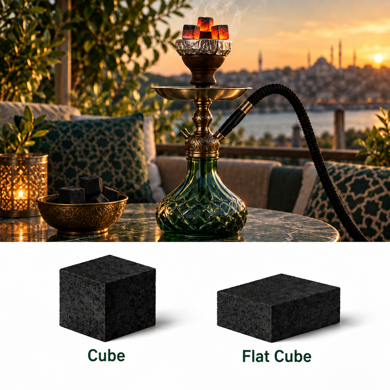 Illustration of a hookah with glowing coconut charcoal and Cube and Flat Cube briquettes